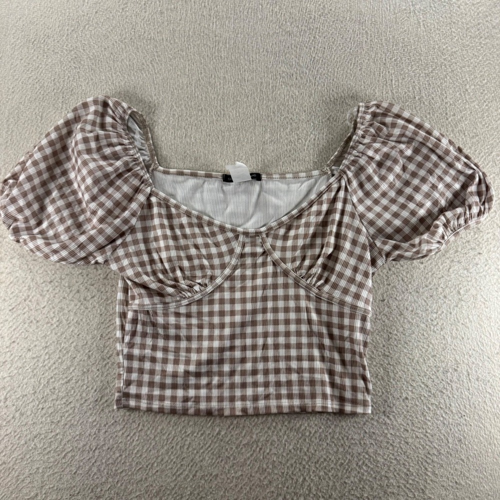 Caution to the Wind Crop Top Womens Large Brown Gingham Exc‎ Puff Sleeve HT566